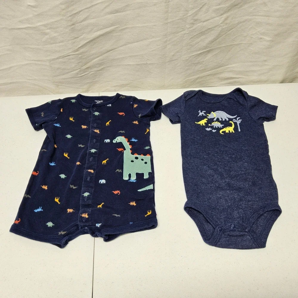 Carter's Burt's Bees Romper Bodysuit Lot Baby Boys 12M Blue Grey Dino Shark Bee